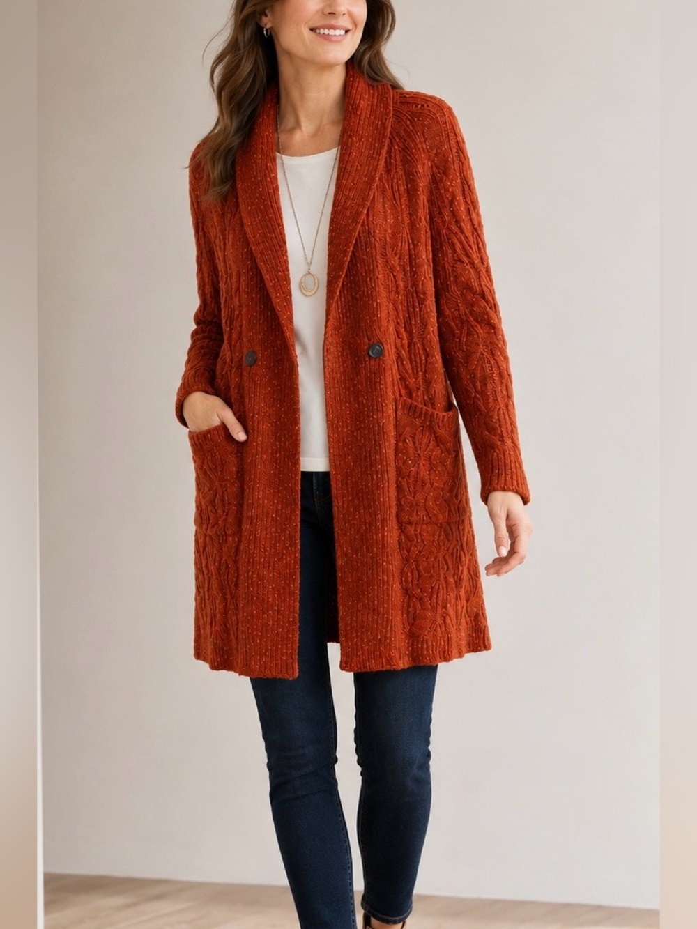 J.Jill NWT Cable Knit Shawl Collar Cardigan Sweater Rust Orange L